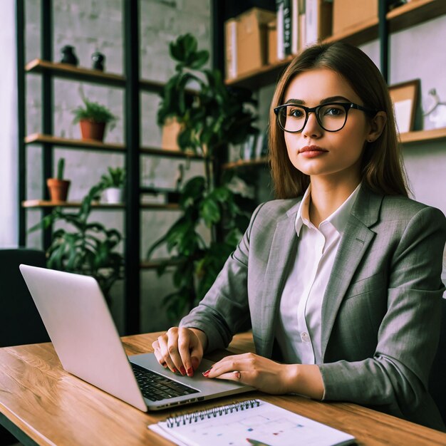 Dibujar a una chica hermosa que es una mujer de negocios exitosa en un entorno de oficina con café y una computadora portátil Ella está intensamente enfocada en su trabajo