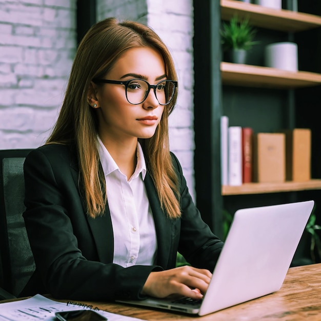 Dibujar a una chica hermosa que es una mujer de negocios exitosa en un entorno de oficina con café y una computadora portátil Ella está intensamente enfocada en su trabajo