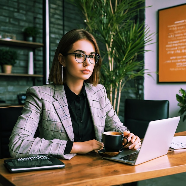 Dibujar a una chica hermosa que es una mujer de negocios exitosa en un entorno de oficina con café y una computadora portátil Ella está intensamente enfocada en su trabajo