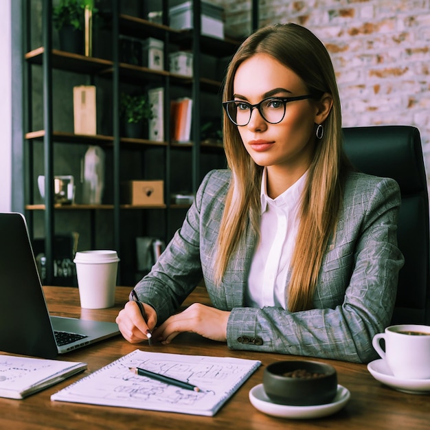Dibujar una chica hermosa que es una mujer de negocios exitosa en un entorno de oficina con café y un