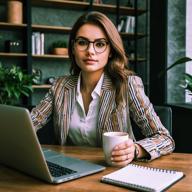 Dibujar una chica hermosa que es una mujer de negocios exitosa en un entorno de oficina con café y un