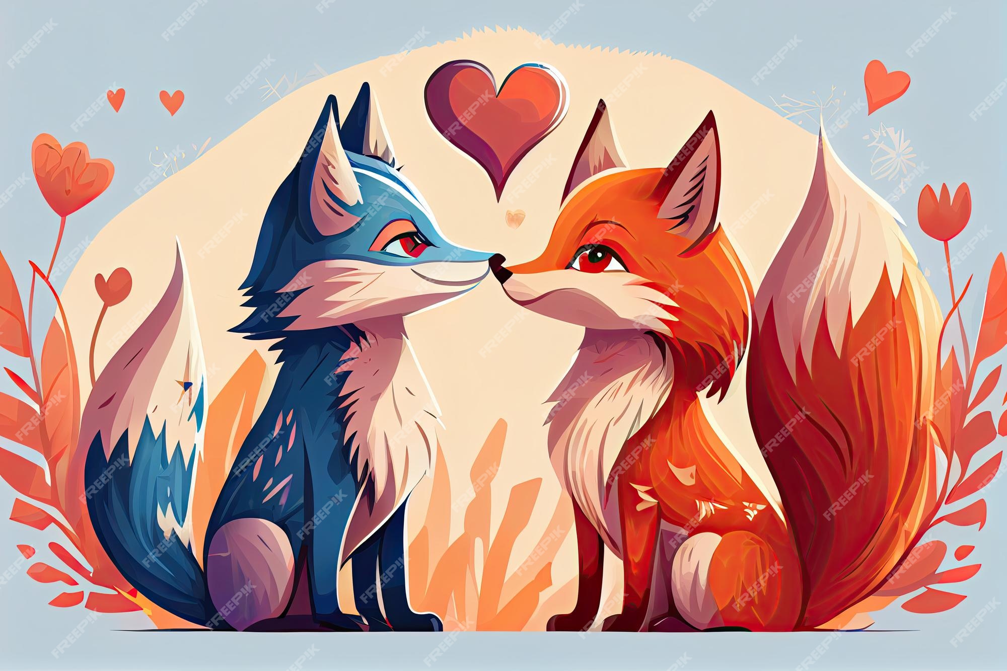 Dibujar el diseño de personajes muestra una pareja de lobos y zorros  enamorados de pequeños corazones para el día de san valentín representación  al estilo de dibujos animados de animales amorosos |