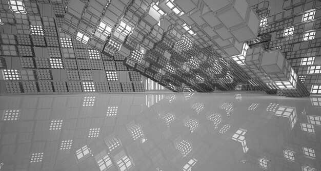 Foto dibujar un interior blanco arquitectónico abstracto a partir de una serie de cubos con grandes ventanales 3d
