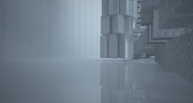 Dibujar un interior blanco arquitectónico abstracto a partir de una serie de cubos con grandes ventanales 3D