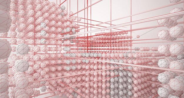 Dibujar un interior blanco arquitectónico abstracto a partir de una serie de esferas con grandes ventanas 3D ilust