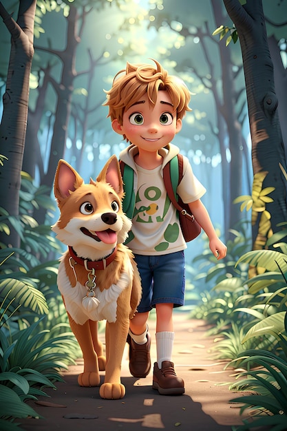 Dibujar Lucas un niño sonriente sosteniendo a su fiel amigo Bolt el perro mientras caminan a través de la parte delantera