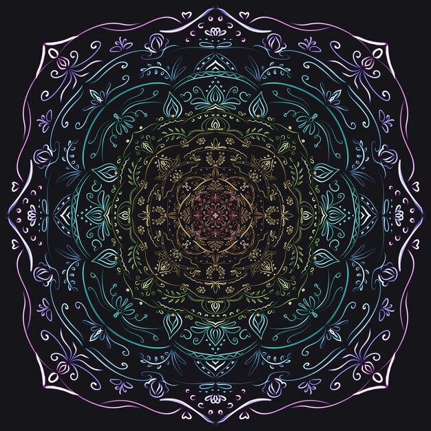 Dibujar mandala de color neón sobre un fondo oscuro, un adorno al estilo indio