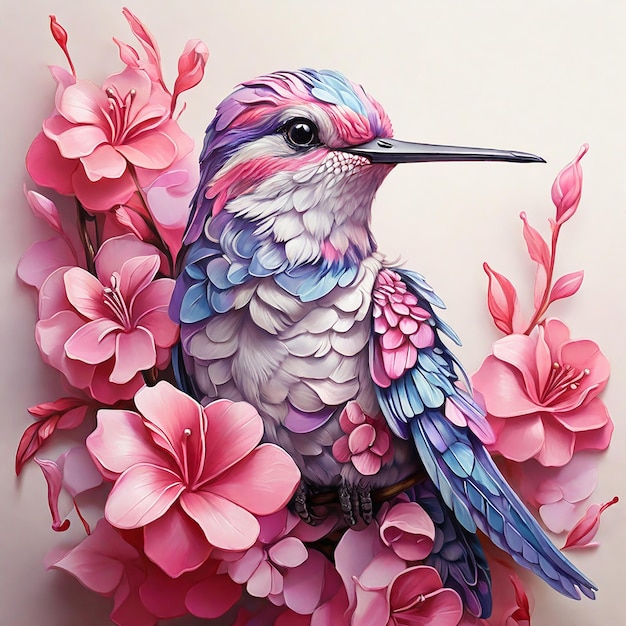 dibujar un pájaro colibrí en colores azul rosa lila