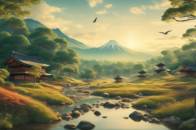 dibujar papel pintado de un paisaje de pájaros grulla en el medio del bosque en estilo vintage japonés AI Generado