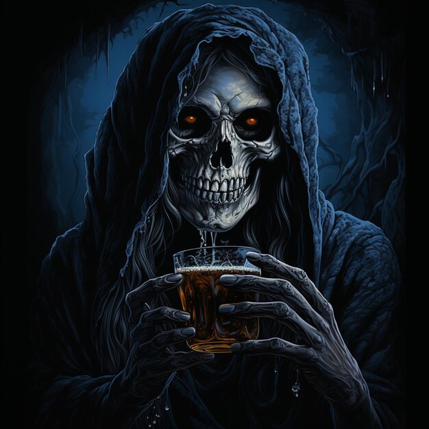 Dibujo 2D de una calavera sosteniendo un vaso de cerveza.