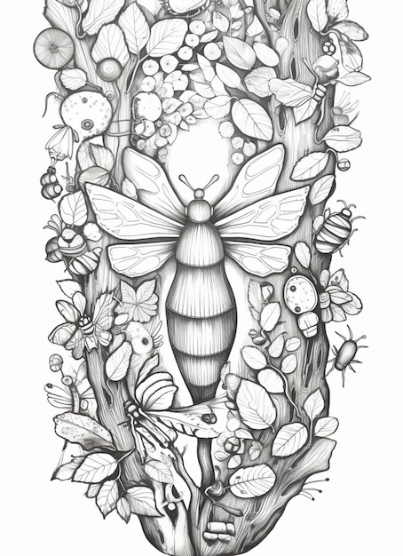 un dibujo de una abeja rodeada de flores y hojas ai generativa