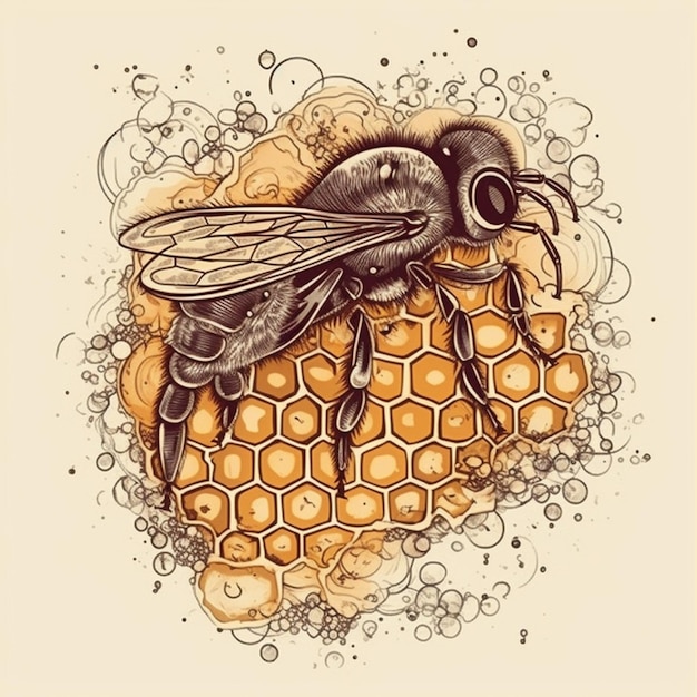 un dibujo de una abeja sentada encima de un panal ai generativo