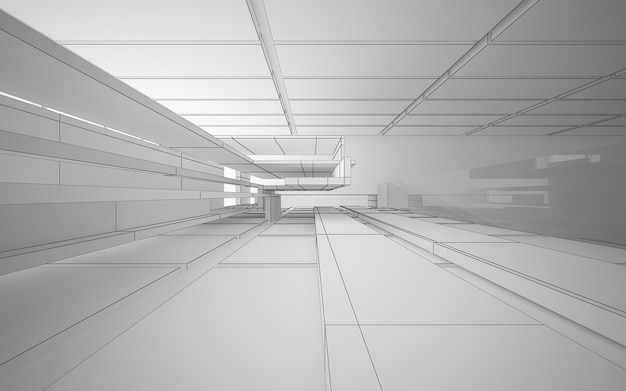 Dibujo abstracto espacio público interior blanco de varios niveles con ventana. Dibujo de polígono negro. 3D