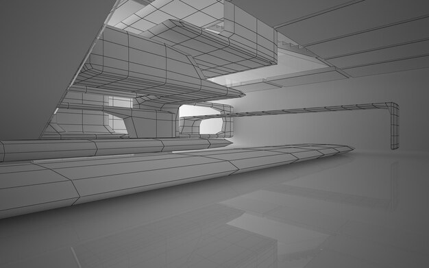 Dibujo abstracto espacio público interior blanco de varios niveles con ventana. Ilustración y renderizado 3D.