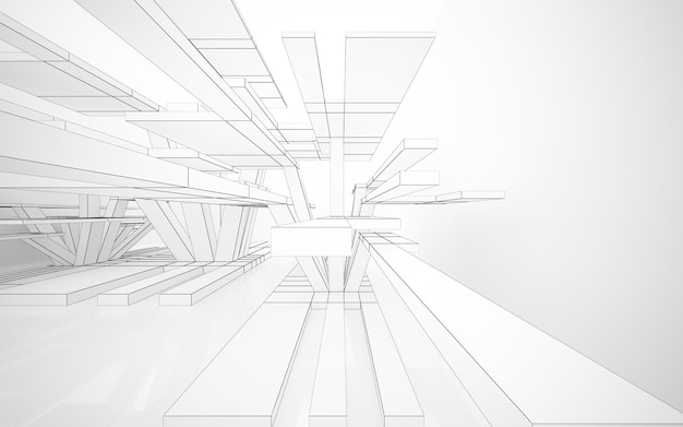 Dibujo abstracto espacio público multinivel interior blanco con ventana Ilustración y representación 3D