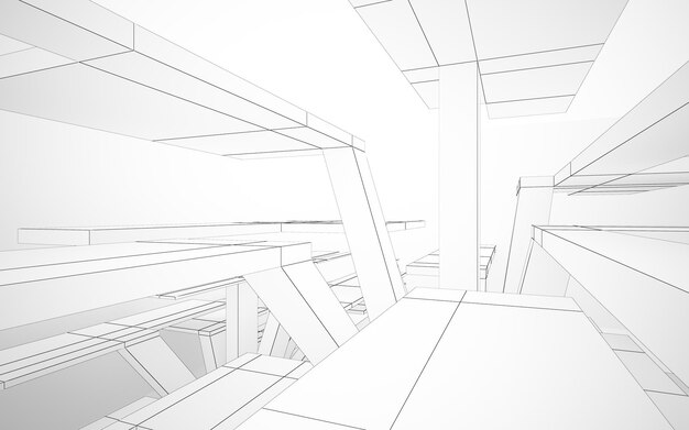 Dibujo abstracto espacio público multinivel interior blanco con ventana Ilustración y representación 3D