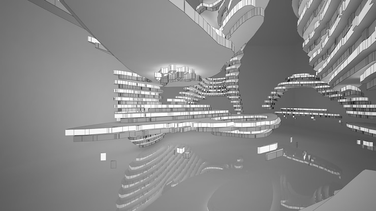 Foto dibujo abstracto espacio público multinivel interior blanco con ventana ilustración y representación 3d
