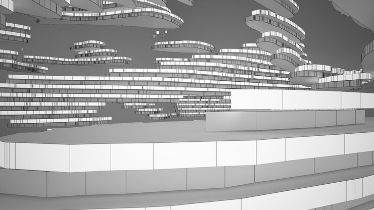 Foto dibujo abstracto espacio público multinivel interior blanco con ventana ilustración y representación 3d