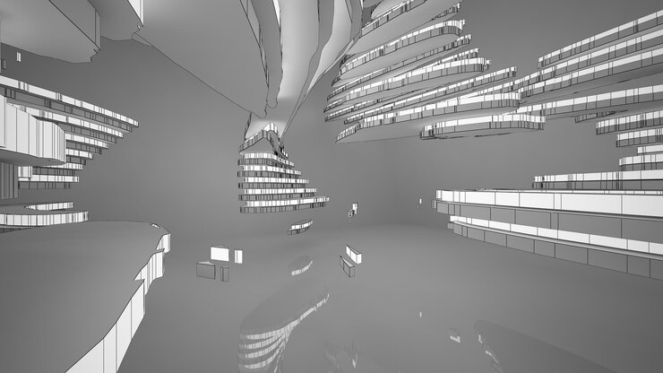 Foto dibujo abstracto espacio público multinivel interior blanco con ventana ilustración y representación 3d