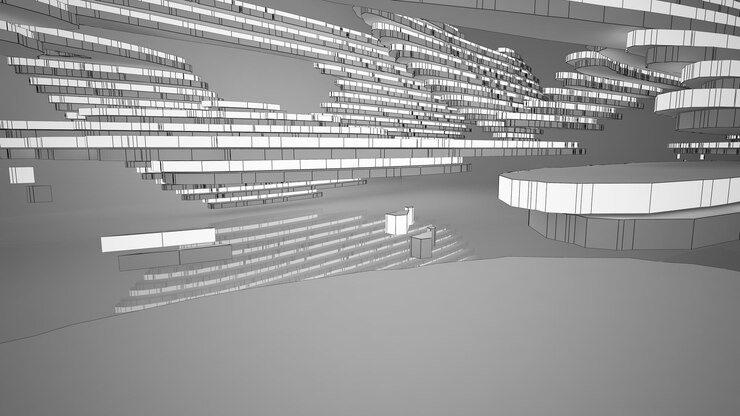 Foto dibujo abstracto espacio público multinivel interior blanco con ventana ilustración y representación 3d