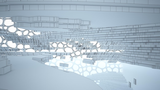 Dibujo abstracto espacio público multinivel interior blanco con ventana Ilustración y representación 3D