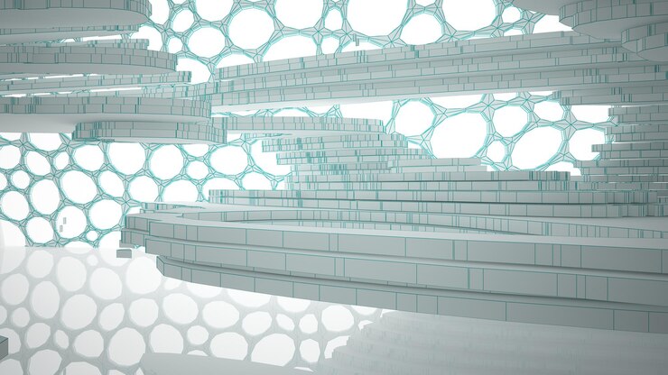 Foto dibujo abstracto espacio público multinivel interior blanco con ventana ilustración y representación 3d