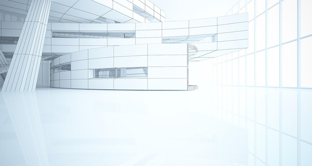 Dibujo abstracto interior blanco espacio público multinivel con ventana Polígono negro dibujo 3D