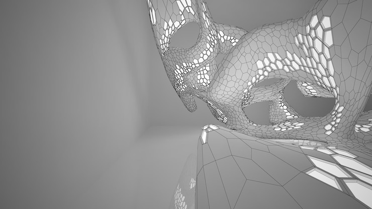 Foto dibujo abstracto interior paramétrico blanco con ventana dibujo de color polígono ilustración 3d
