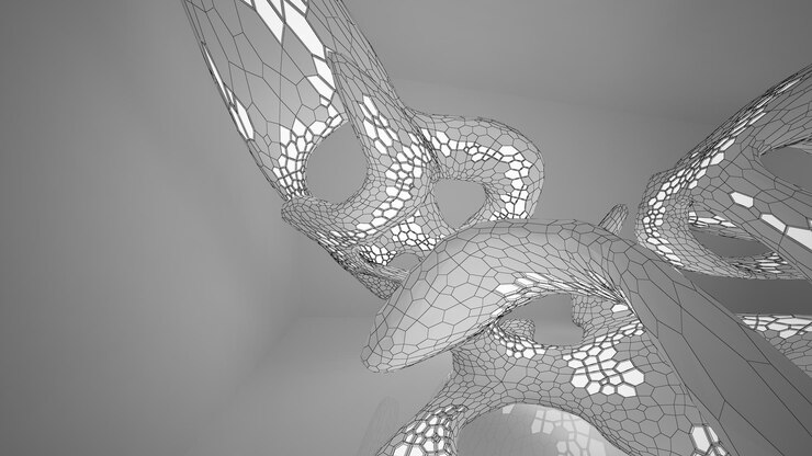 Foto dibujo abstracto interior paramétrico blanco con ventana dibujo de color polígono ilustración 3d