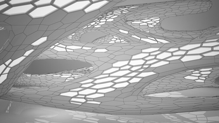 Foto dibujo abstracto interior paramétrico blanco con ventana dibujo de color polígono ilustración 3d