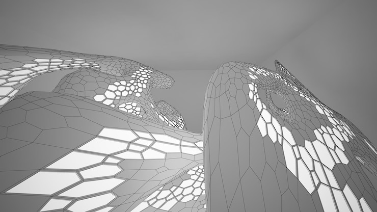 Foto dibujo abstracto interior paramétrico blanco con ventana dibujo de color polígono ilustración 3d