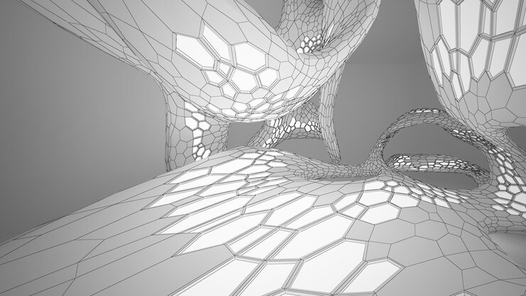Foto dibujo abstracto interior paramétrico blanco con ventana dibujo de color polígono ilustración 3d