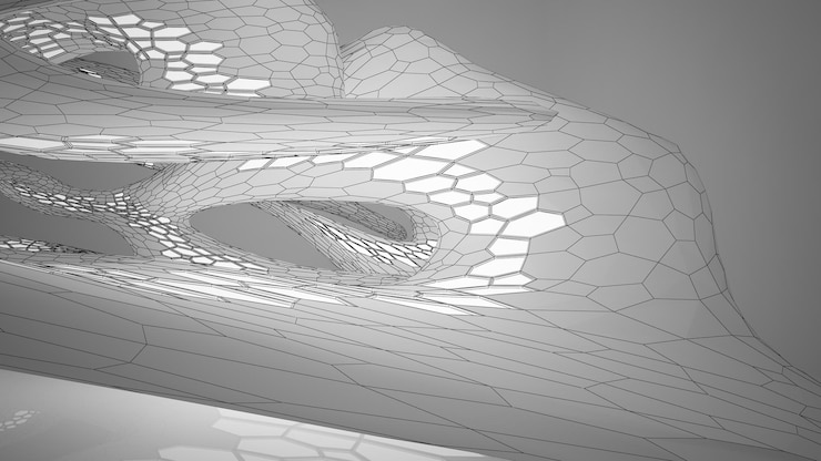 Foto dibujo abstracto interior paramétrico blanco con ventana dibujo de color polígono ilustración 3d