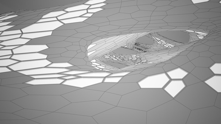 Foto dibujo abstracto interior paramétrico blanco con ventana dibujo de color polígono ilustración 3d