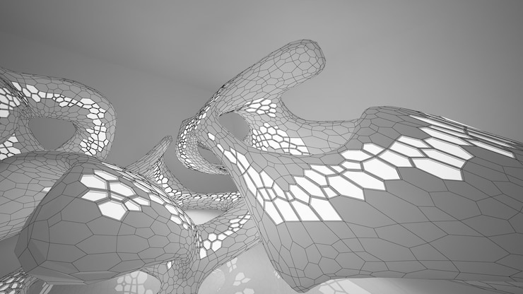 Foto dibujo abstracto interior paramétrico blanco con ventana dibujo de color polígono ilustración 3d