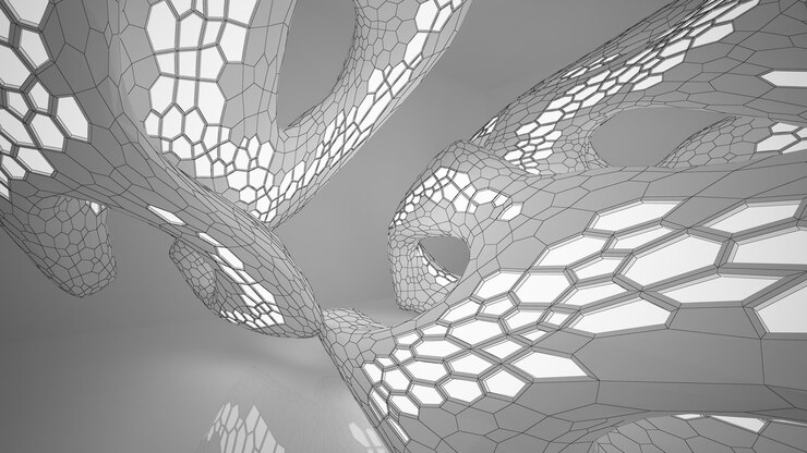 Foto dibujo abstracto interior paramétrico blanco con ventana dibujo de color polígono ilustración 3d