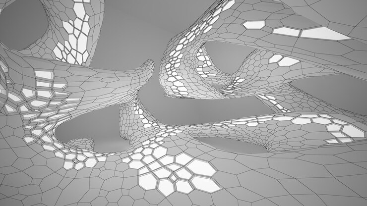Foto dibujo abstracto interior paramétrico blanco con ventana dibujo de color polígono ilustración 3d