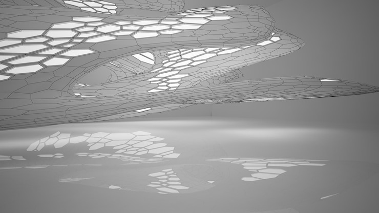 Foto dibujo abstracto interior paramétrico blanco con ventana dibujo de color polígono ilustración 3d