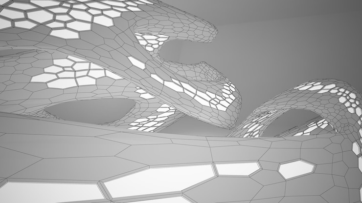 Foto dibujo abstracto interior paramétrico blanco con ventana dibujo de color polígono ilustración 3d