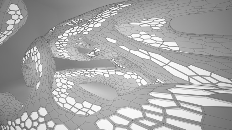 Foto dibujo abstracto interior paramétrico blanco con ventana dibujo de color polígono ilustración 3d