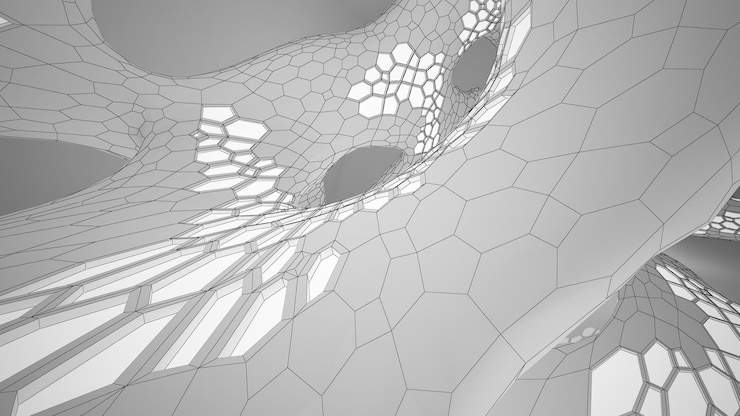 Foto dibujo abstracto interior paramétrico blanco con ventana dibujo de color polígono ilustración 3d