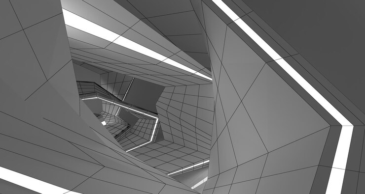 Foto dibujo abstracto interior paramétrico blanco con ventana dibujo de color polígono ilustración 3d