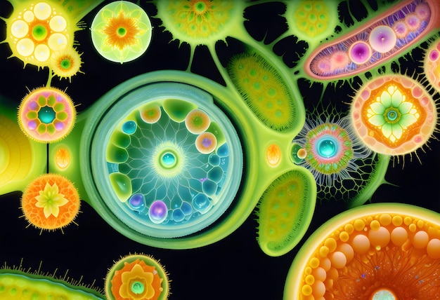 Un dibujo abstracto del microcosmos bacterias y microbios generados ai.
