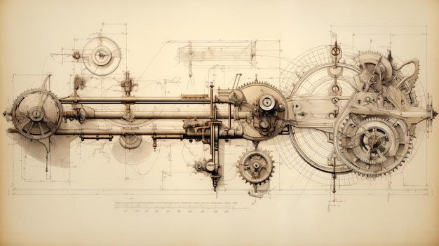 Un dibujo abstracto muestra una máquina antigua Un boceto técnico revela un mecanismo antiguo