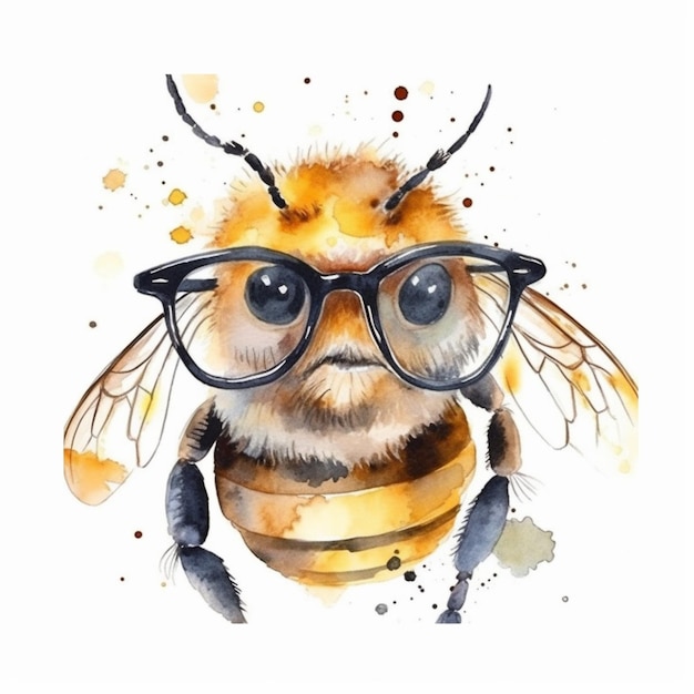 Dibujo en acuarela de una abeja con gafas