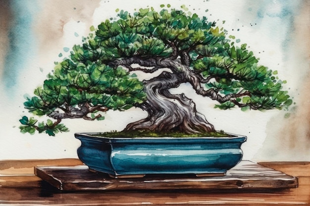 Dibujo de acuarela de un árbol Bonsai en una mesa de madera