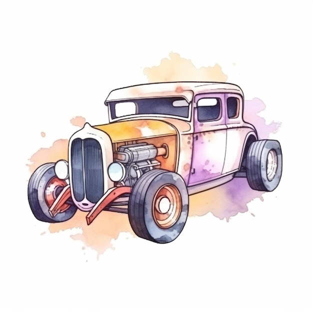 Un dibujo de acuarela de un automóvil antiguo con un motor de automóvil antiguo.