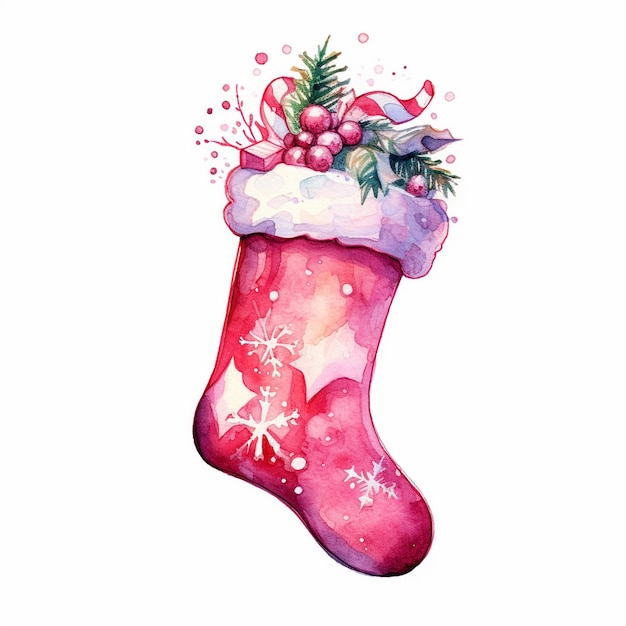 un dibujo en acuarela de una bota rosa con un árbol de Navidad en él.