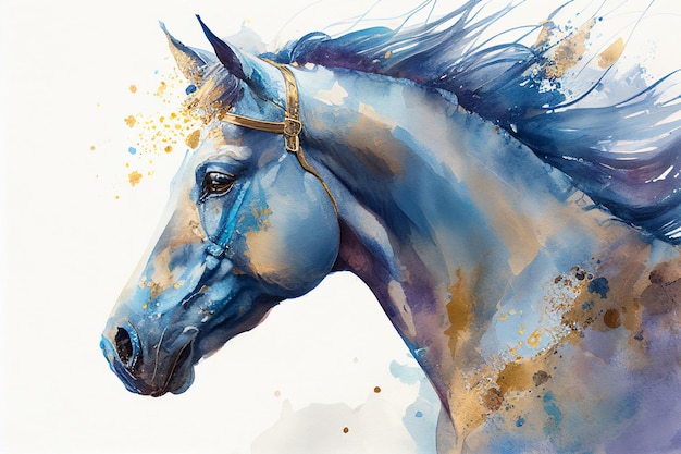 Dibujo en acuarela de un caballo en azul y dorado sobre papel IA generativa