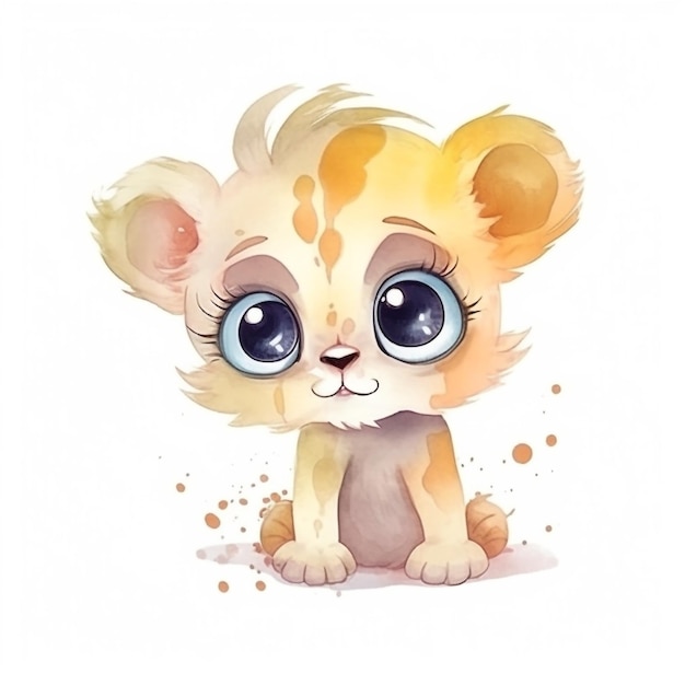 Un dibujo de acuarela de un cachorro de león blanco con grandes ojos azules.